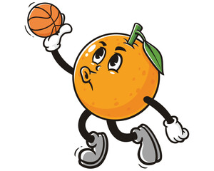 Orange fruit playing slam dunk basketball cartoon mascot illustration character vector clip art hand drawn