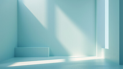 minimalistic abstract gentle light blue background for product presentation with light and shadow on wall.