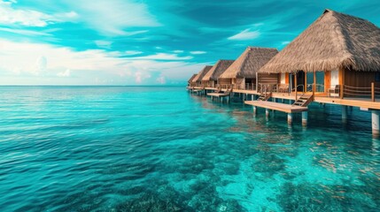 Tropical bungalows overwater and coral reef. Pacific ocean, Oceania - obrazy, fototapety, plakaty
