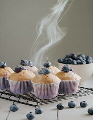 A batch of blueberry muffins with bursting berries, sitting on a cooling rack, the steam rising softly, set against a kitchen backdrop with soft, natural lighting