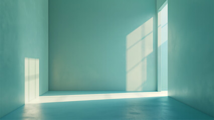 minimalistic abstract gentle light blue background for product presentation with light and shadow on wall.