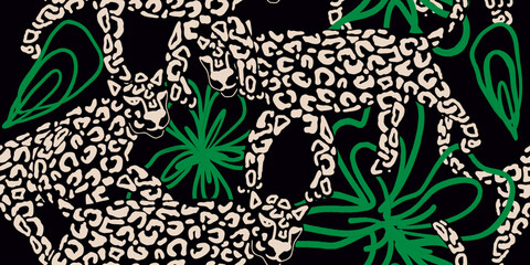 Leopard seamless pattern with tropical leaves background Vector - 774709012