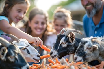 Family Enjoying Feeding and Interacting with Farm Animals at Countryside Petting Zoo