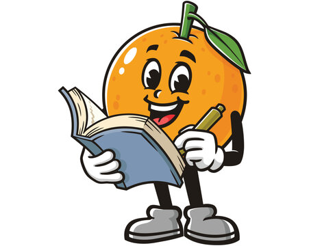 Orange fruit with book cartoon mascot illustration character vector clip art hand drawn