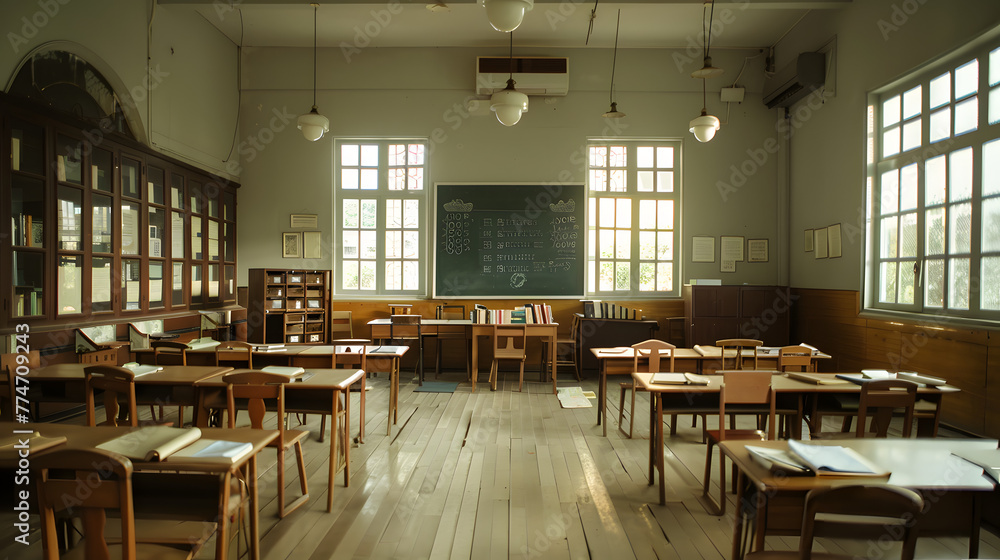 Poster an empty classroom with desks and chairs arranged neatly