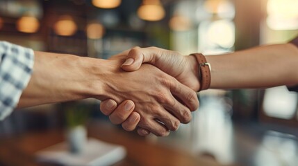 Two people shaking hands in a restaurant, AI
