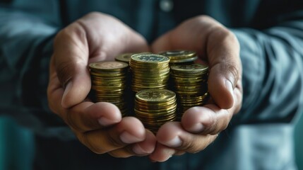 Hands of young man in a business suit holding coins - obrazy, fototapety, plakaty
