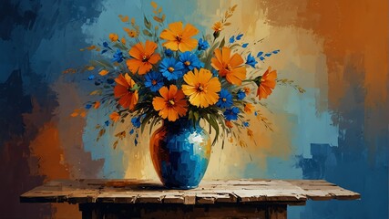 amber orange to sapphire blue theme still life flowers on table abstract oil pallet knife paint painting on canvas large brush strokes art illustration background from Generative AI - obrazy, fototapety, plakaty