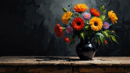 black theme still life flowers on table abstract oil pallet knife paint painting on canvas large brush strokes art illustration background from Generative AI - obrazy, fototapety, plakaty