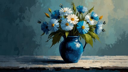 blue theme still life flowers on table abstract oil pallet knife paint painting on canvas large brush strokes art illustration background from Generative AI - obrazy, fototapety, plakaty