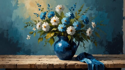blue theme still life flowers on table abstract oil pallet knife paint painting on canvas large brush strokes art illustration background from Generative AI - obrazy, fototapety, plakaty