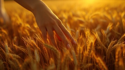 Fototapeta premium Woman's hand slide threw ears of wheat in sunset light