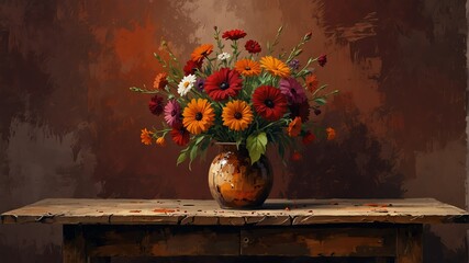 deep crimson to rusty brown theme still life flowers on table abstract oil pallet knife paint painting on canvas large brush strokes art illustration background from Generative AI - obrazy, fototapety, plakaty