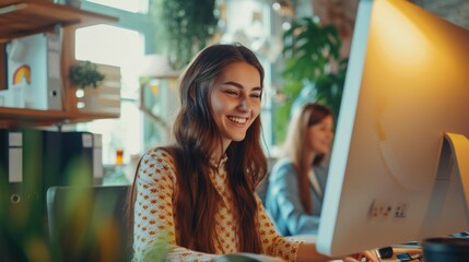 Portrait of happy young businesswoman sitting at computer desk in office