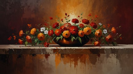 deep crimson to rusty brown theme still life flowers on table abstract oil pallet knife paint painting on canvas large brush strokes art illustration background from Generative AI - obrazy, fototapety, plakaty