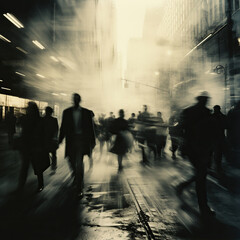 People on the street walk and stand. Black and white image with motion blur. Generated by...
