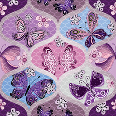 Vector hand drawn seamless pattern with rhombuses with colorful butterflies. Islam, Arabic, Indian, ottoman motifs.