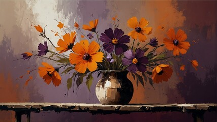 deep plum to burnt orange theme still life flowers on table abstract oil pallet knife paint painting on canvas large brush strokes art illustration background from Generative AI - obrazy, fototapety, plakaty