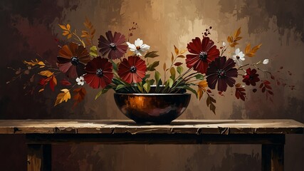 espresso brown to deep maroon theme still life flowers on table abstract oil pallet knife paint painting on canvas large brush strokes art illustration background from Generative AI - obrazy, fototapety, plakaty