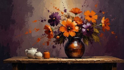 deep plum to burnt orange theme still life flowers on table abstract oil pallet knife paint painting on canvas large brush strokes art illustration background from Generative AI - obrazy, fototapety, plakaty