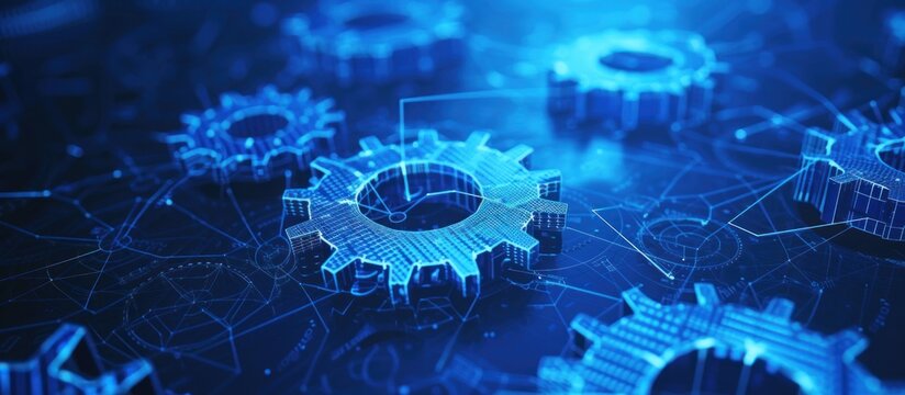 Wireframe rotation machine gear assembled digital futuristic technology