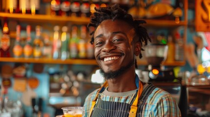 A man in a bar holding up his drink and smiling, AI - obrazy, fototapety, plakaty