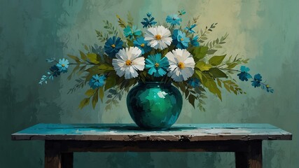 jade green to turquoise blue theme still life flowers on table abstract oil pallet knife paint painting on canvas large brush strokes art illustration background from Generative AI - obrazy, fototapety, plakaty