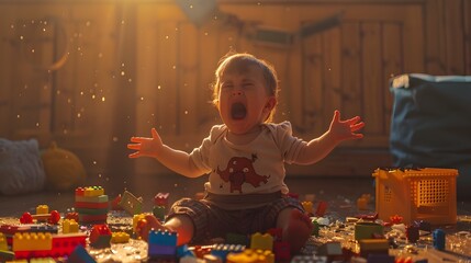 Energetic Toddler crying Surrounded by Colorful Building Blocks in Cozy Home Environment