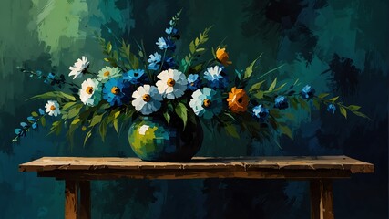 midnight blue to forest green theme still life flowers on table abstract oil pallet knife paint painting on canvas large brush strokes art illustration background from Generative AI