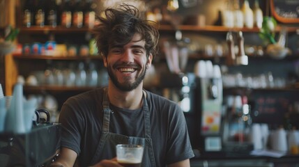 A man in a bar holding up his beer and smiling, AI
