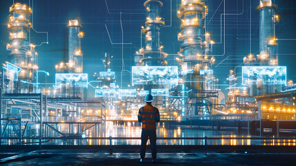 Fototapeta na wymiar An engineer stands in front of an oil and gas plant