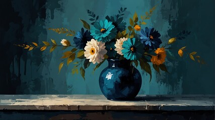 navy blue to dark teal theme still life flowers on table abstract oil pallet knife paint painting on canvas large brush strokes art illustration background from Generative AI - obrazy, fototapety, plakaty