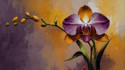 orchid purple to mustard yellow theme still life flowers on table abstract oil pallet knife paint painting on canvas large brush strokes art illustration background from Generative AI