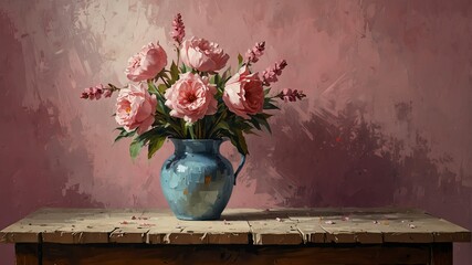 pink theme still life flowers on table abstract oil pallet knife paint painting on canvas large brush strokes art illustration background from Generative AI - obrazy, fototapety, plakaty