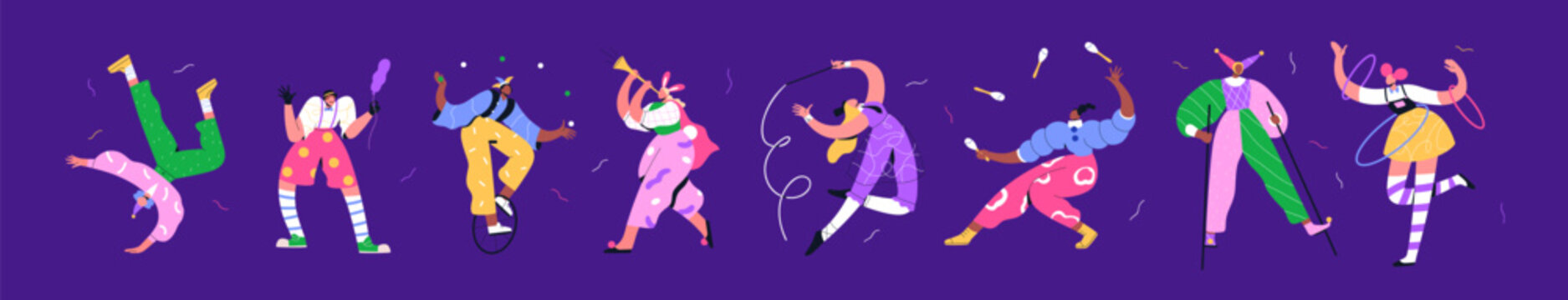 Carnival and circus acrobats, clowns, jugglers and jesters set. Harlequins, jokers, funny artists, comic actors, gymnasts, comedians performing on stilts, unicycle, juggling. Flat vector illustration