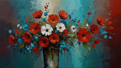 scarlet red to aqua blue theme still life flowers on table abstract oil pallet knife paint painting on canvas large brush strokes art illustration background from Generative AI - obrazy, fototapety, plakaty