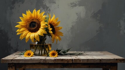 sunflower yellow to steel gray theme still life flowers on table abstract oil pallet knife paint painting on canvas large brush strokes art illustration background from Generative AI - obrazy, fototapety, plakaty