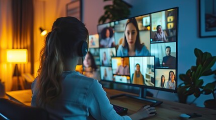 Virtual Meeting Video Conference. A woman sits confidently at her desk, immersed in a virtual meeting, bringing together her team for a video conference. - obrazy, fototapety, plakaty