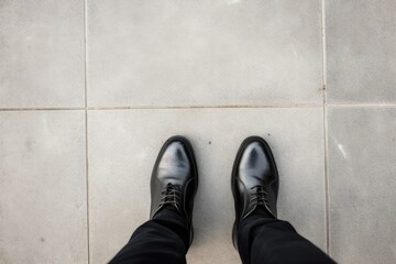 A person standing on gray tiles wearing polished black dress shoes, from a first-person perspective. Black Dress Shoes on Gray Pavement - obrazy, fototapety, plakaty