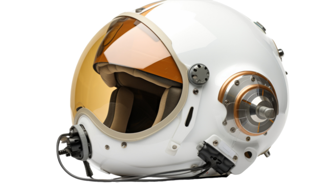 A white helmet with a gold lens shining brightly