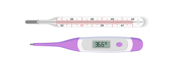 Thermometers electronic and glass. Vector
