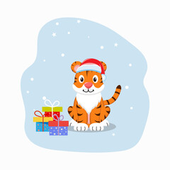 Cute christmas illustration featuring a cute tiger in a red hat sitting next to the gifts