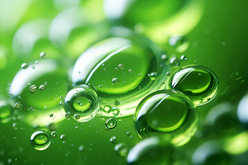 Smooth water surface and bubbles on green background, cosmetic ingredient molecules concept illustration