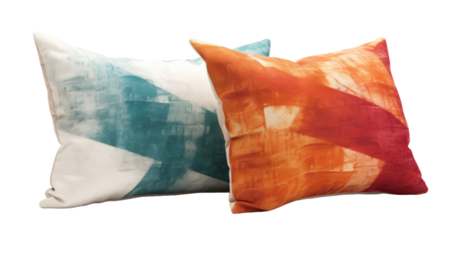 Two vibrant and colorful pillows resting side by side on a cozy couch