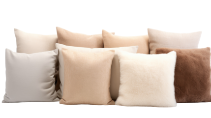 A whimsical display of various pillows stacked one on top of the other in a precarious yet fascinating arrangement