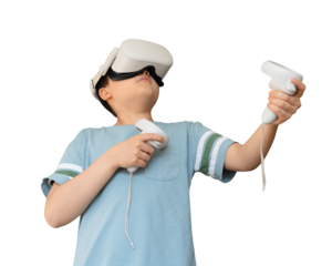 Isolated Child boy playing with virtual reality goggles or VR headset, Concept Video Gaming with modern technology glasses