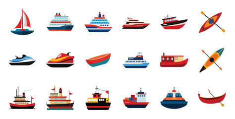 Water transport flat icons illustration in cartoon. Cute boat, luxury yacht, cargo ship, ferry, catamaran, jetski vector clipart for nautical vehicle. - obrazy, fototapety, plakaty