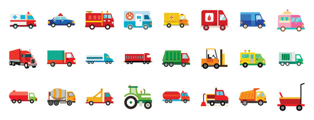 Commercial transport flat icons illustration in cartoon. Cute ambulance, police, firetruck, delivery van,  semi truck, trailer, cargo, dumptruck, forklift vector style clipart for vehicle.