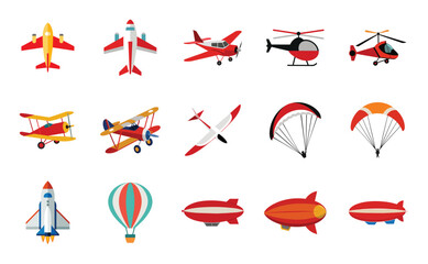 Air transport flat icons illustration in cartoon. Cute airplane, private plane, helicopter, biplane, glider, paraglider, rocket, hot balloon, zeppelin vector clipart for vehicle.