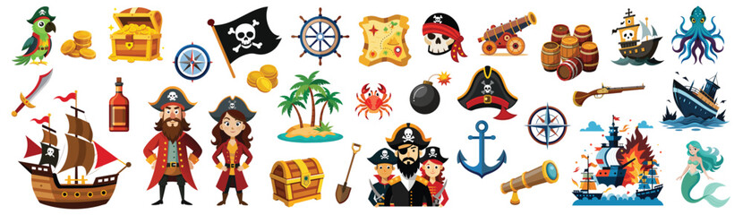 Pirate illustration in cartoon. Cute treasure map, chest with golden coin, ghost ship, parrot, kraken, jolly roger vector flat style clipart for kids game.